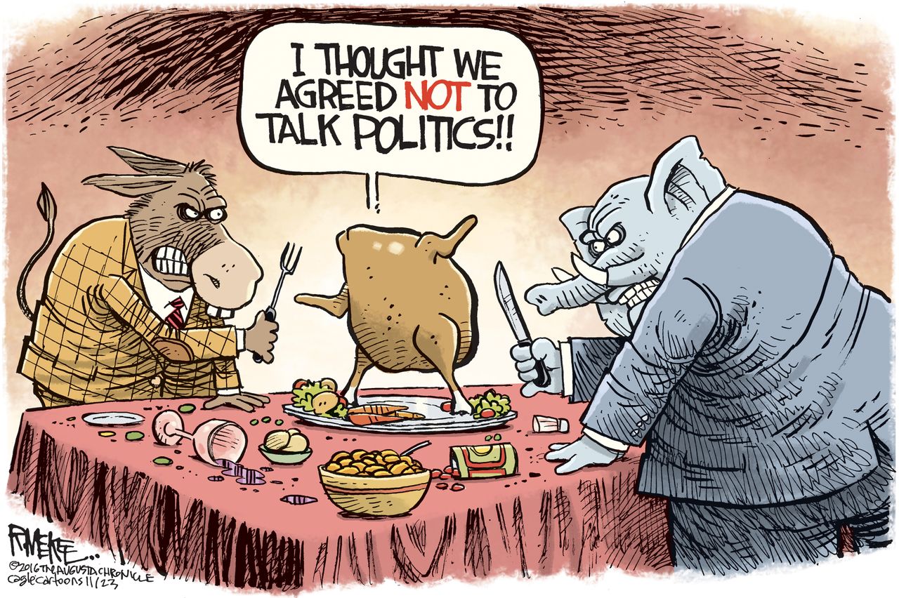 Political cartoon U.S. 2016 election Thanksgiving dinner fight