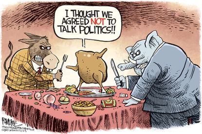 Political cartoon U.S. 2016 election Thanksgiving dinner fight