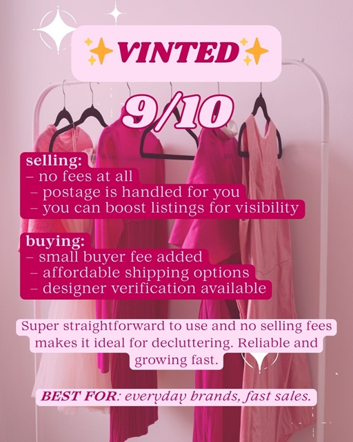 A graphic about Vinted with a rating out of 10 and information for buyers and sellers.
