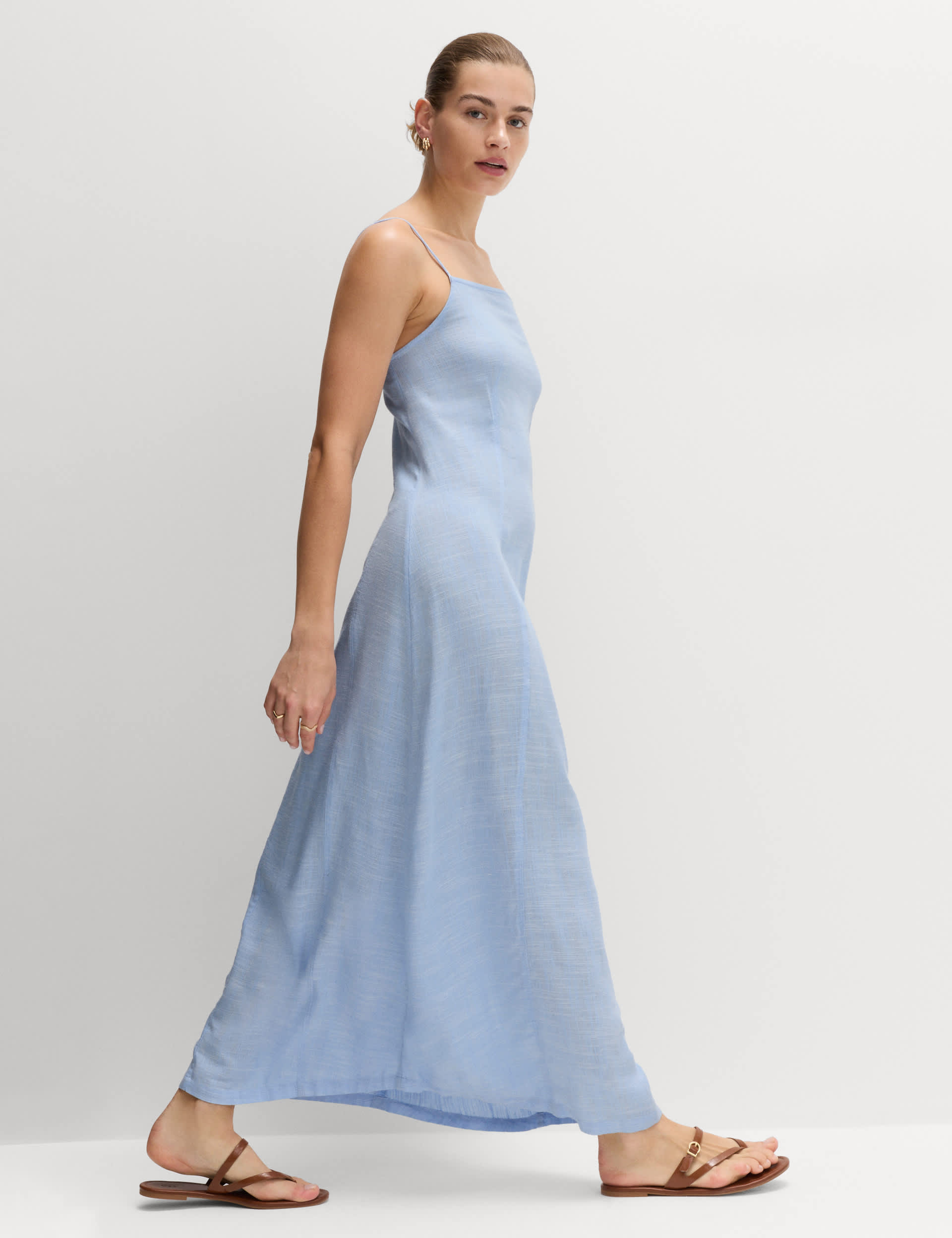 Square Neck Strappy Maxi Shift Dress With Linen