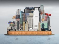 architecture against architecture, a book by Reinier de Graaf references themes such as those evidences in HUD Rebuild by Design, OMA, 2013, seen here - a group of buildings tightly packed seen floating on a barge on water