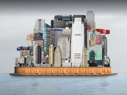 architecture against architecture, a book by Reinier de Graaf references themes such as those evidences in HUD Rebuild by Design, OMA, 2013, seen here - a group of buildings tightly packed seen floating on a barge on water