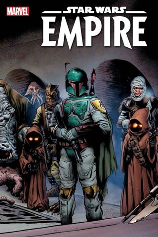 Cover art from "Star Wars: The Empire #1" showing a group of bounty hunters and Jawas in Jabba's palace