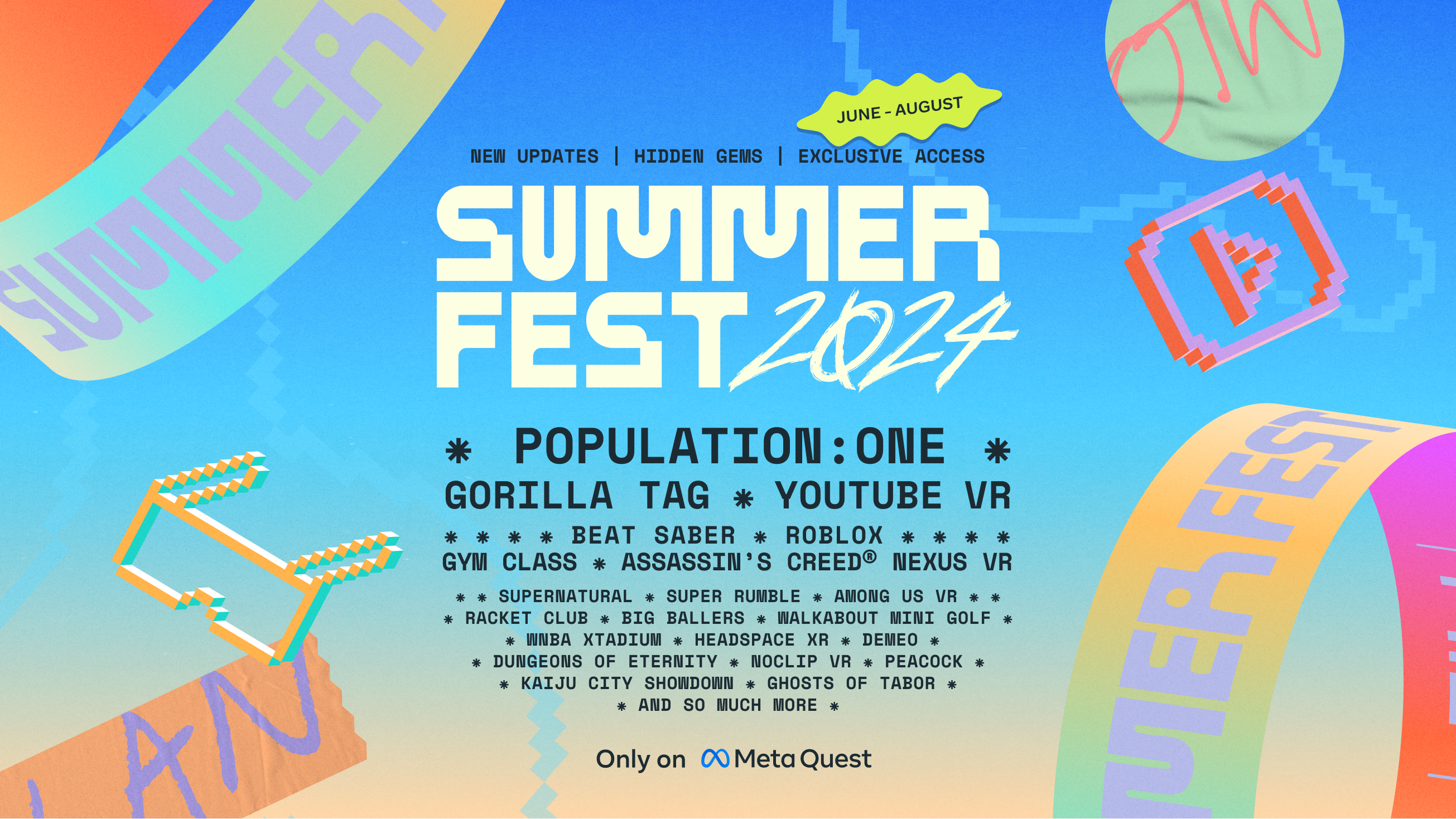  Плакат Summer Fest 2024, анонсирующий обновления для Gorilla Tag, Population One и YouTube VR, среди прочих