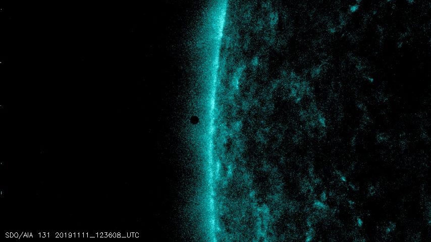 Another view from the Atmospheric Imaging Assembly instrument on NASA's Solar Dynamics Observatory shows Mercury approaching the sun's disk on Nov. 11, 2019.
