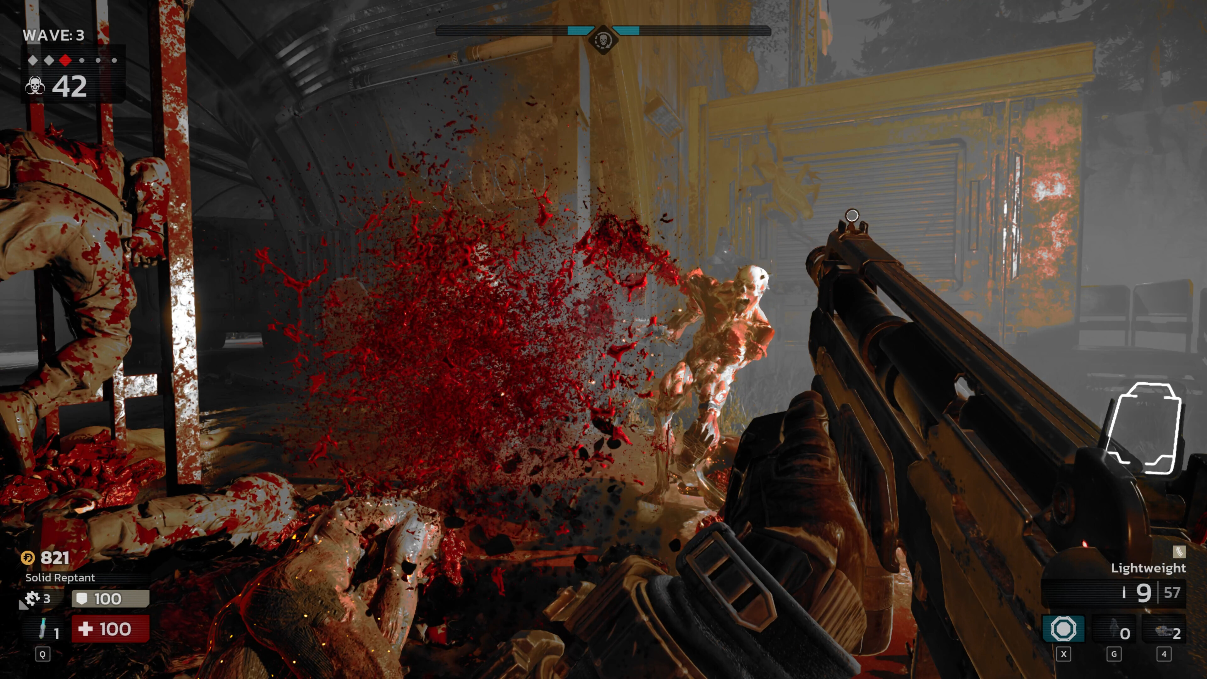 Blood sprays from a Zed after a shotgun shell blows its limb off Killing Floor 3