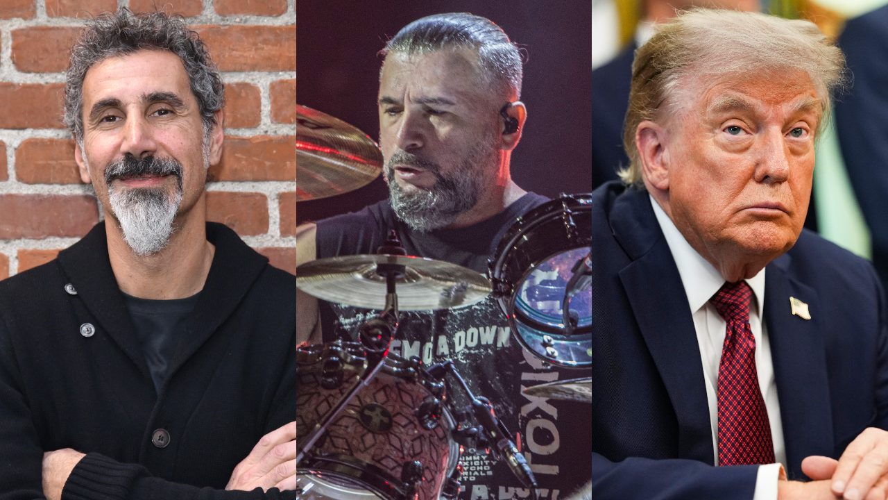 Separate pictures of Serj Tankian, John Dolmayan and Donald Trump