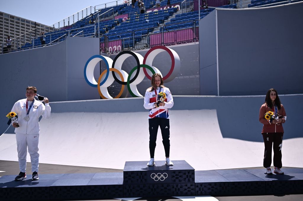 From L to R Silver medallist USAs Hannah Roberts gold medallist Britains Charlotte Worthington and bronze medallist Switzerlands Nikita Ducarroz stand on the podium for the victory ceremony of the cycling BMX freestyle womens park event at the Ariake Urban Sports Park during the Tokyo 2020 Olympic Games in Tokyo on August 1 2021 Photo by Jeff PACHOUD AFP Photo by JEFF PACHOUDAFP via Getty Images