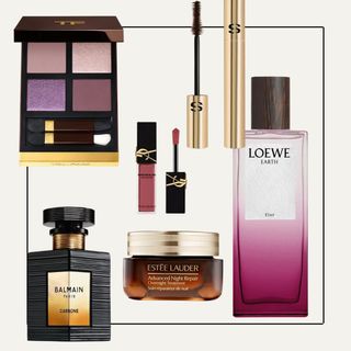 a collage of luxury autumn beauty products