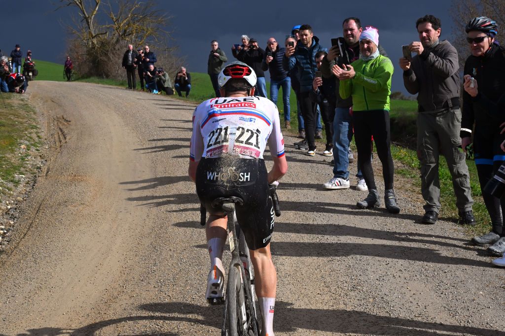 Tadej Pogacar attacks Strade Bianche