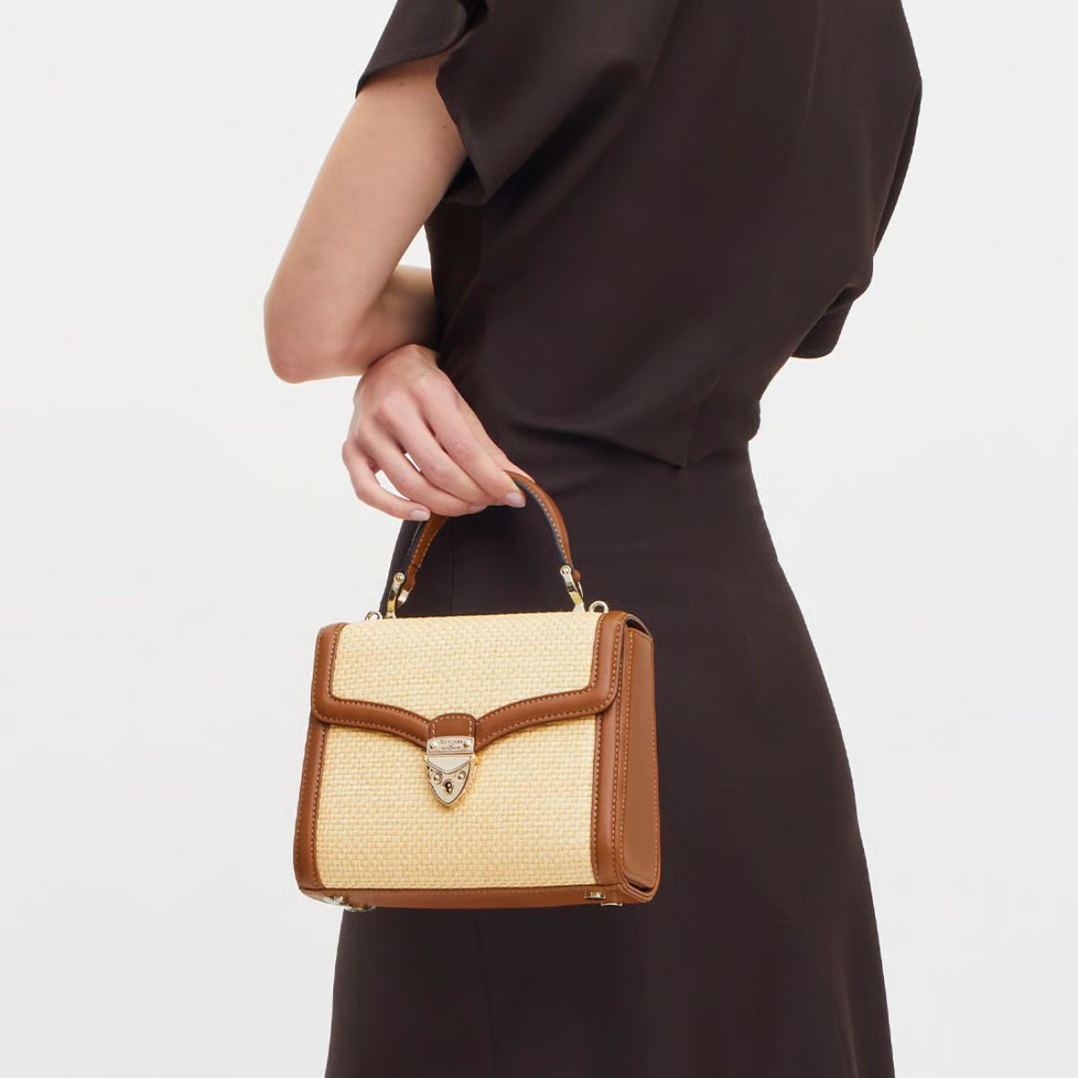 Aspinal of London, Midi Mayfair in Natural Raffia & Smooth Tan