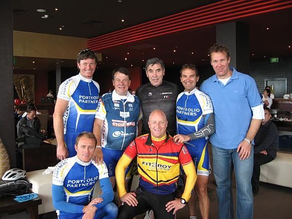 Merckx and Trevorrow (back row - centre) take part in the 'team photo'