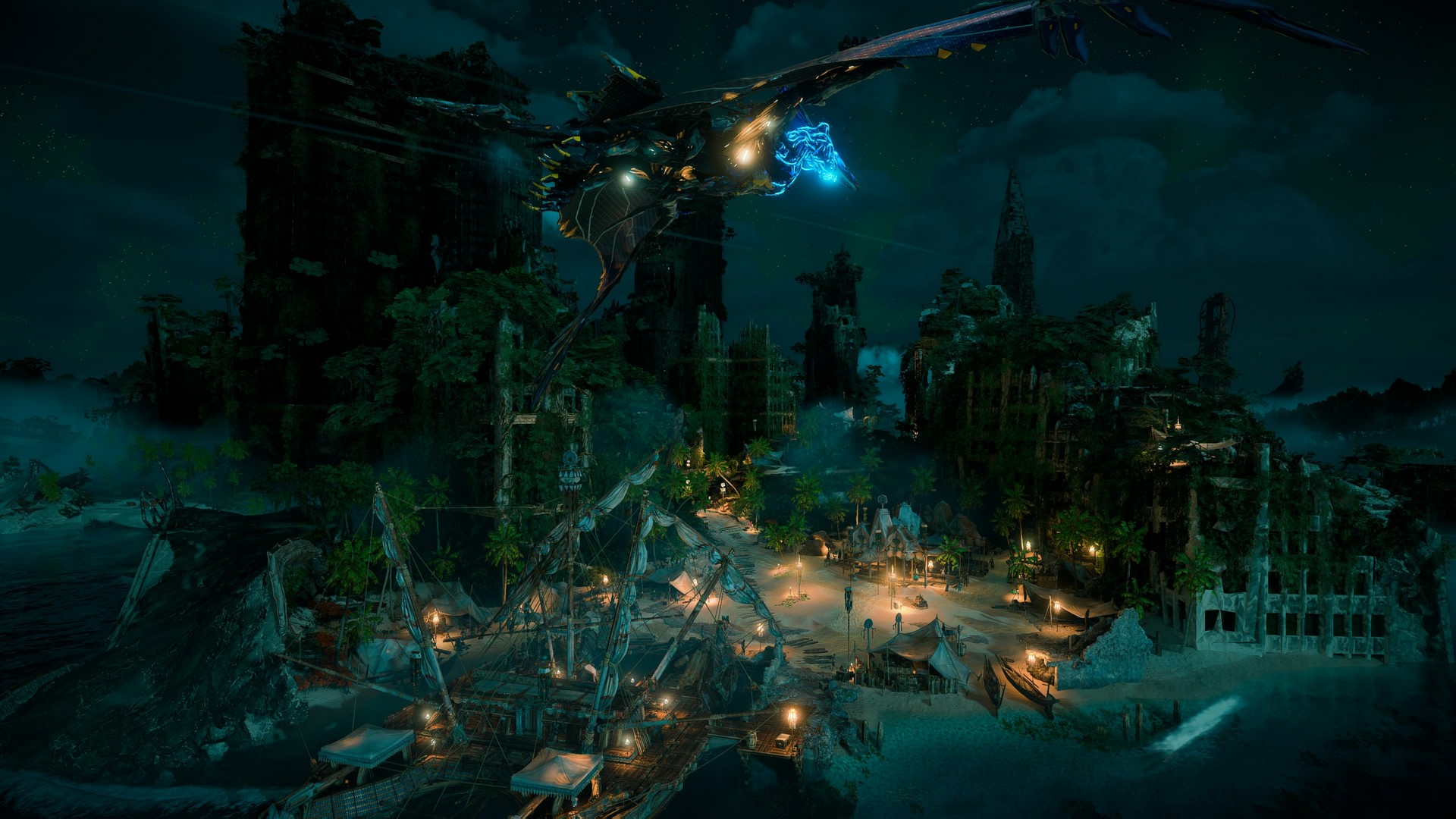 Aloy soars above a camp in Horizon Forbidden West&#039;s Burning Shores expansion