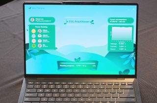 A photograph of the software that shows how the Lenovo Yoga Solar PC Laptop concept tracks charging in real-time. Charging of the laptop, unveiled in March 2025 at Mobile World Congress in Barcelona, is conducted via solar sells on the back panel.