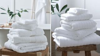 bathroom with white fluffy towels folded on a stool to show how to make a bathroom look expensive