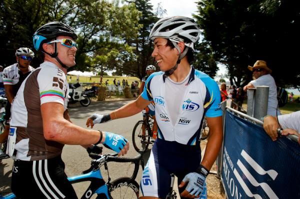Stage 2 winner, Caleb Ewan is congratulated by Chris Sutton