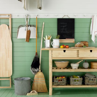 Cleaning equipment against a green wall