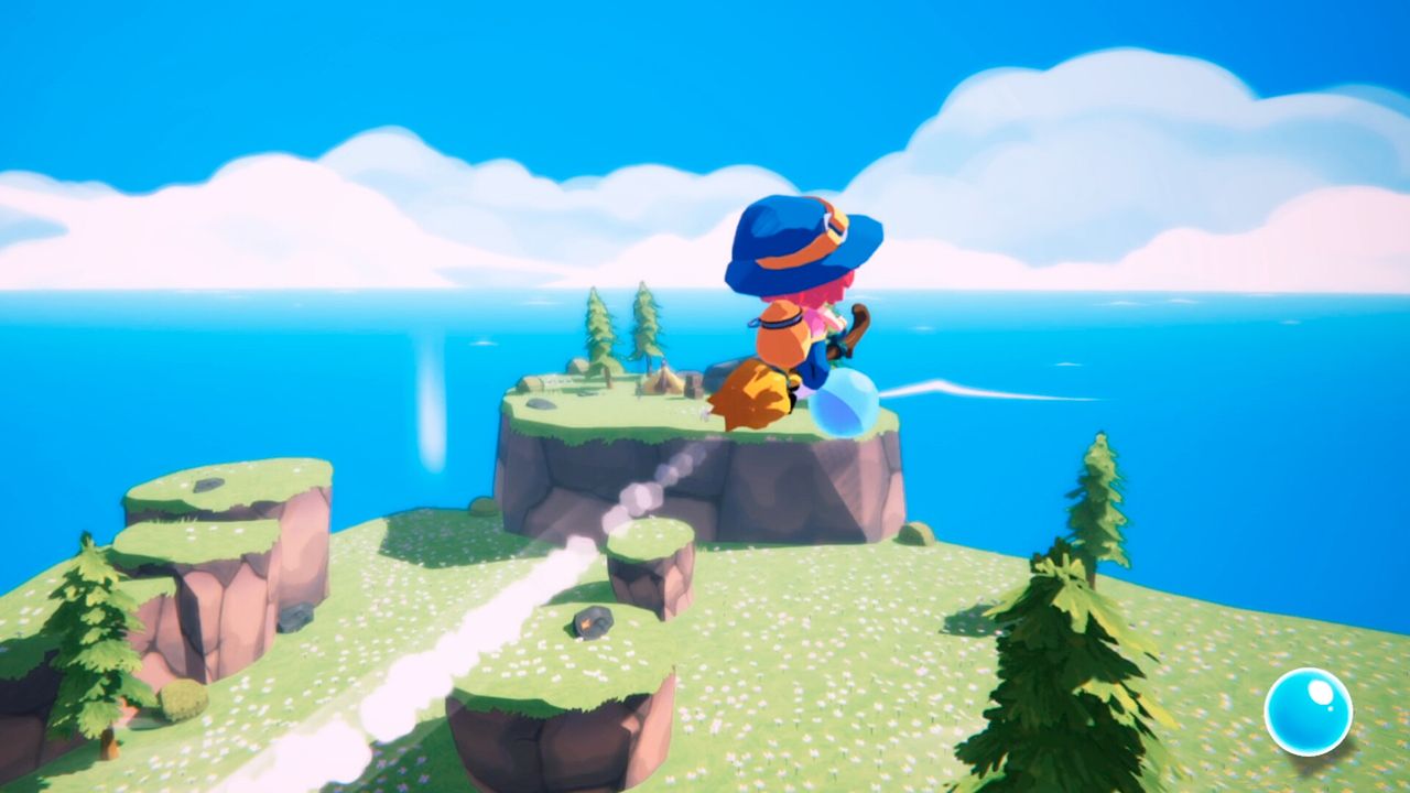 Mika flying over the landscape on her broom, ocean visible in background