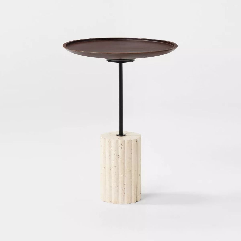 Travertine Accent Table with Brown Top