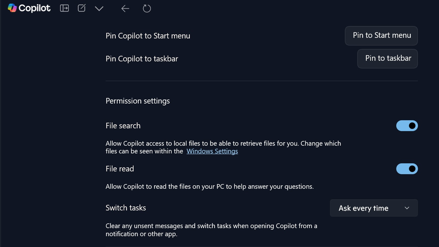 Copilot Settings for Search in Windows 11