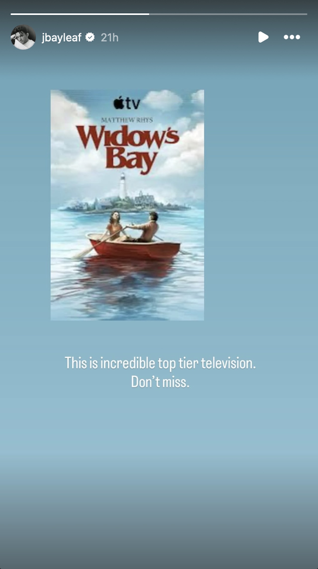 Jonathan Bailey's Instagram story where he called Widow's Bay &amp;quot;Incredible top tier television.&amp;quot;