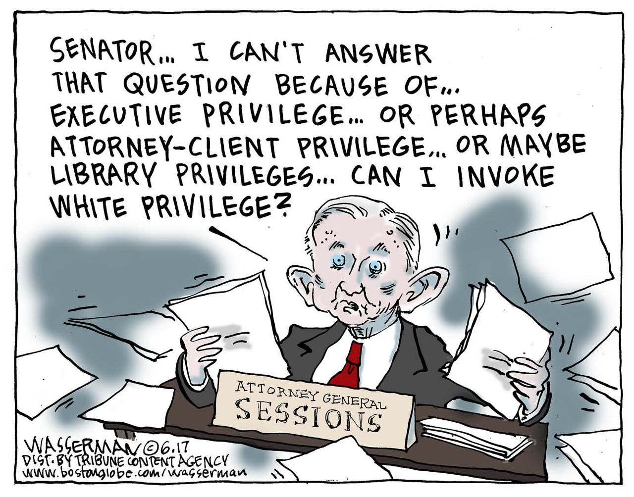 Political cartoon U.S. Jeff Sessions testimony invoking privilege