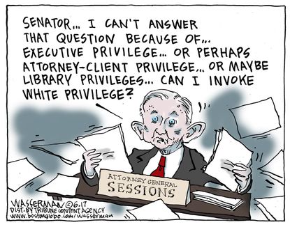 Political cartoon U.S. Jeff Sessions testimony invoking privilege