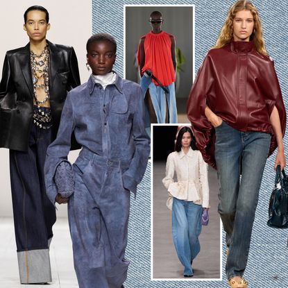collage of denim trends on the spring 2026 runways 