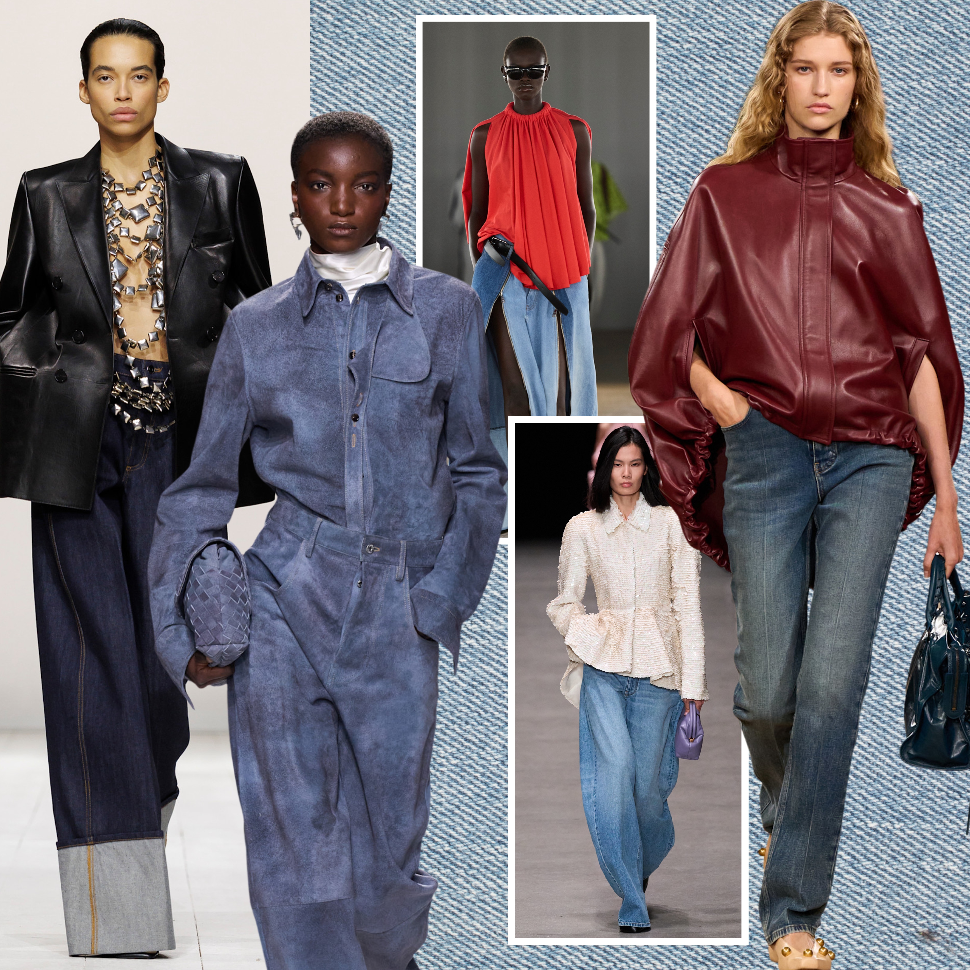 collage of denim trends on the spring 2026 runways 