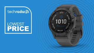 Garmin fenix 6 on a blue background with the text lowest price