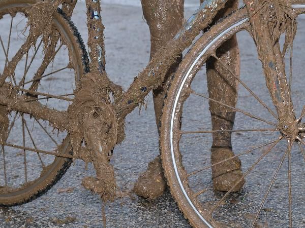 The muddy conditions added considerable weight to the bikes.