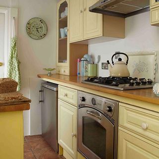 kitchen room with white wall and yellow painted kitchen