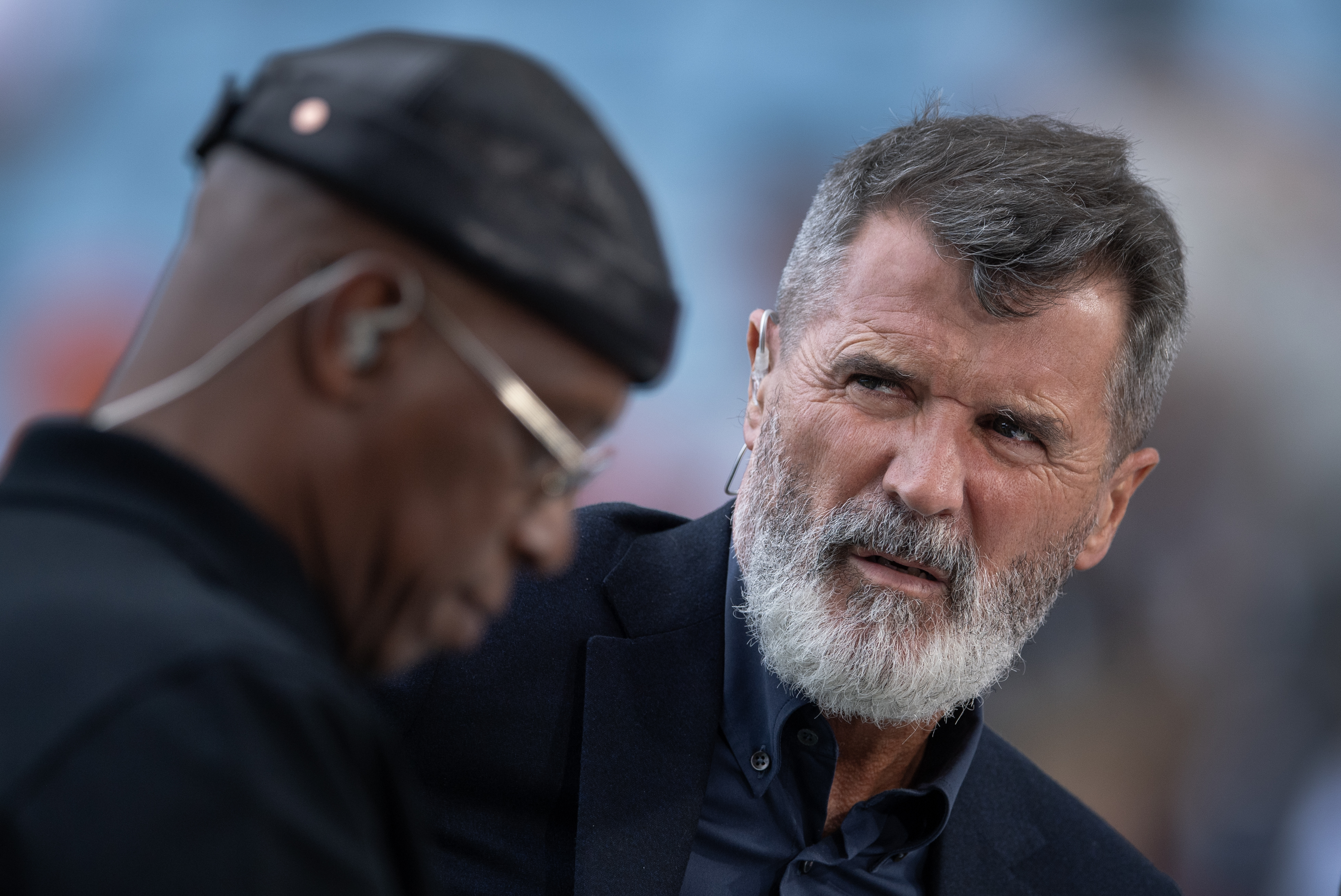 BIRMINGHAM, ENGLAND - SEPTEMBER 6: Pundits Roy Keane and Ian Wright working for ITV Sport during the FIFA World Cup 2026 qualifier match between England and Andorra at Villa Park