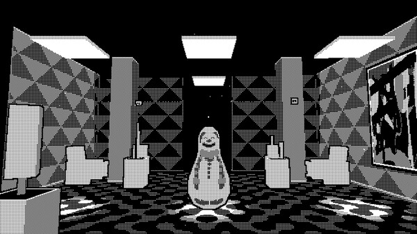 A scene from a black-and-white pixelated 3D video game inspired by Severance called Pager