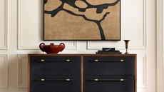 Room with picture frame moulding, a black credenza holding a red lacquered ceramic bowl, and modern art hanging on the walls.