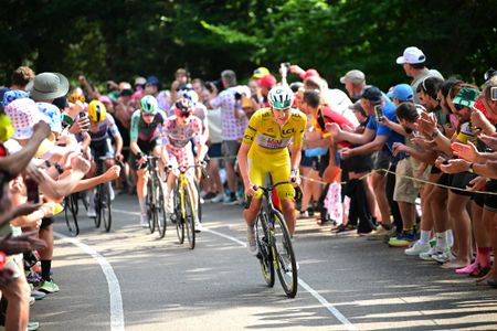 LE MARKSTEIN, FRANCE - JULY 18: Tadej Pogacar of Slovenia and UAE Team Emirates - XRG - Yellow Leader Jersey attacks in the breakaway during the 113th Tour de France 2026 - Stage 14 a 155.3km a 155.3km stage from Mulhouse to Le Markstein 1189m / #UCIWT / on July 18, 2026 in Le Markstein, France. (Photo by Bernard Papon - Pool/Getty Images)