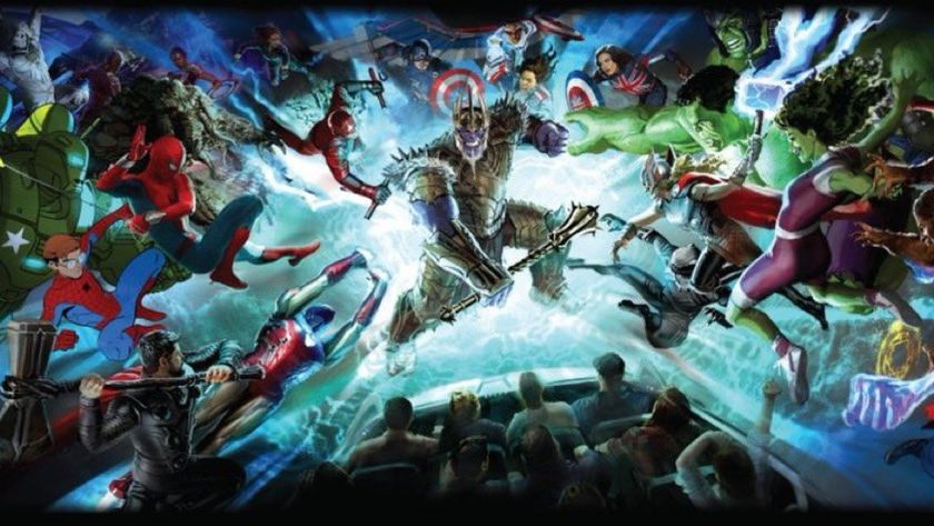 Avengers Campus Multiverse attraction concept art with Marvel heroes fighting King Thanos