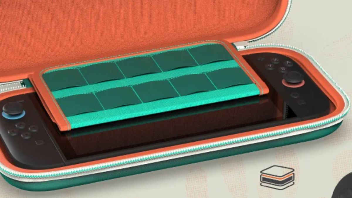 Image of the inside of the Splatoon Raiders Slim Case by PowerA.