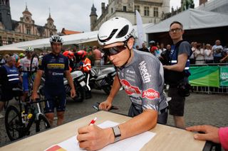 Belgian Jasper Philipsen of Alpecin-Deceuninck pictured ahead of the 'Natourcriterium Aalst' cycling event, Monday 22 July 2024 in Aalst. The traditional 'criteriums' are local showcases for which mainly cyclists who rode the Tour de France are invited. BELGA PHOTO KURT DESPLENTER (Photo by KURT DESPLENTER / BELGA MAG / Belga via AFP)