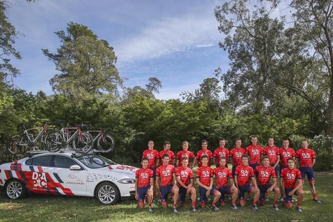 The 2015 Drapac squad with a new Jaguar team car
