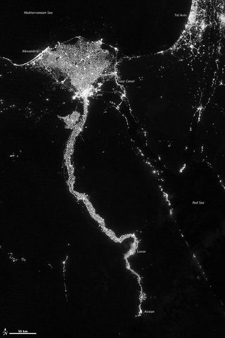 On Oct. 13, 2012, the Visible Infrared Imaging Radiometer Suite (VIIRS) on the Suomi NPP satellite captured this nighttime view of the Nile River Valley and Delta.
