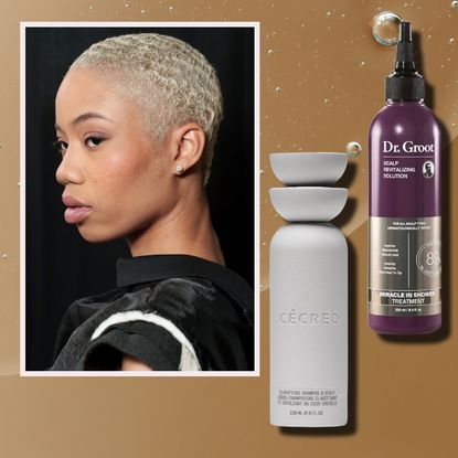 a black woman with a bleach blonde pixie cut on a tan background next to two bottles of scalp treament