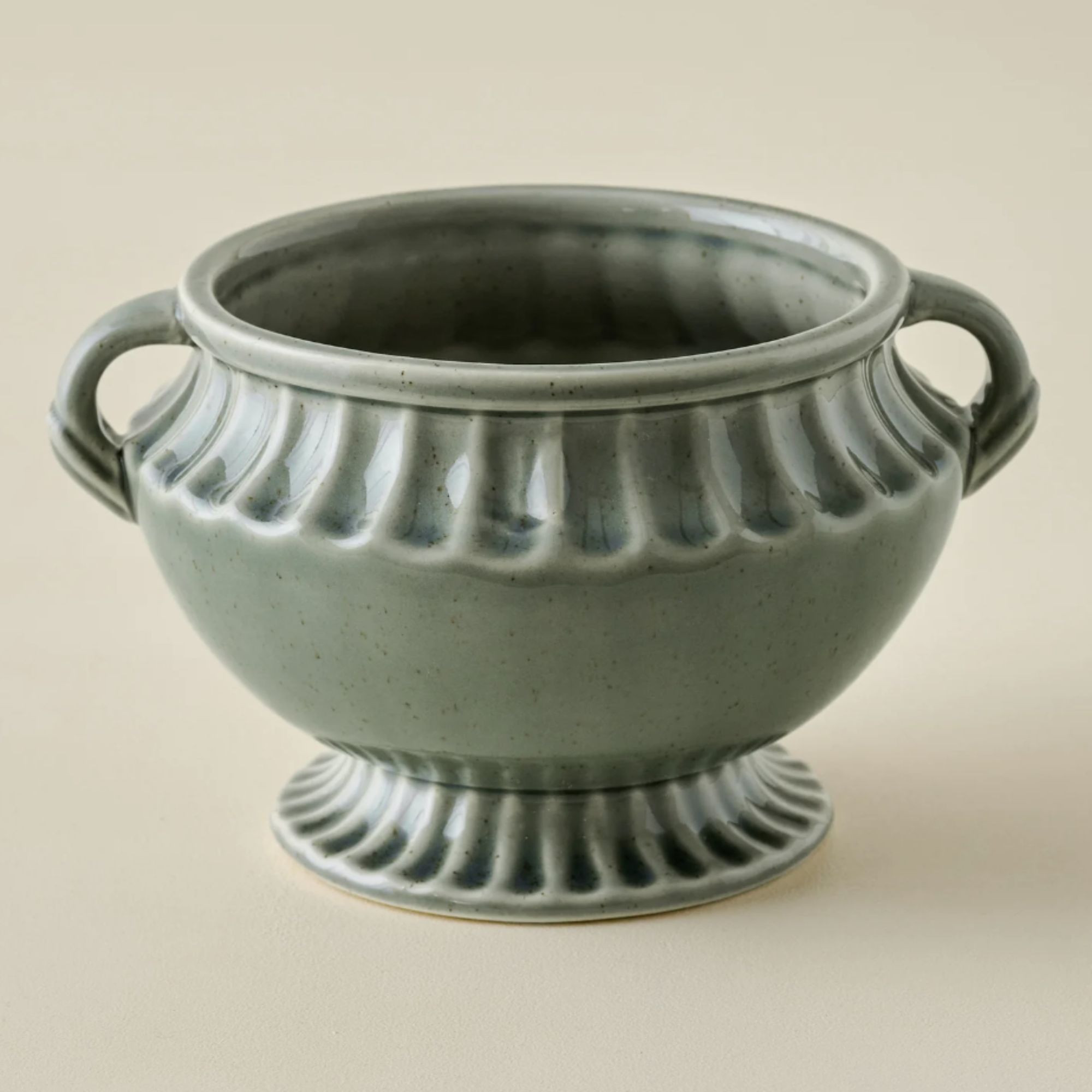 Earthy green stoneware pedestal vase