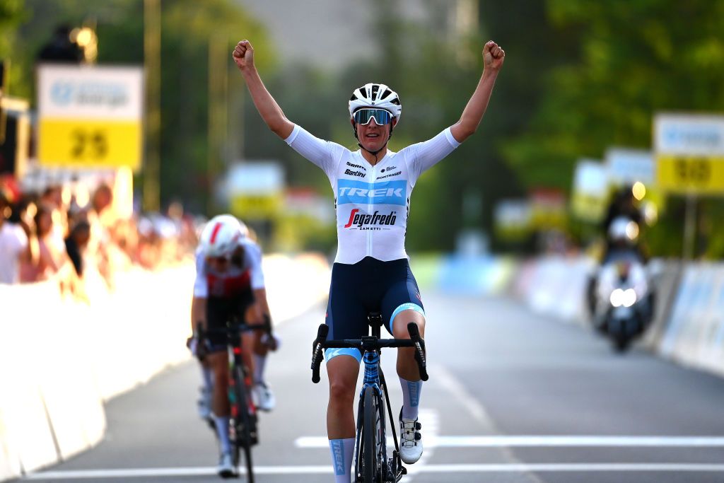 VADUZ SWITZERLAND JUNE 18 Lucinda Brand of The Netherlands and Team Trek Segafredo celebrates at finish line as stage winner during the 2nd Tour de Suisse Women 2022 Stage 1 a 46km stage from Vaduz to Vaduz ourdesuisse2022 on June 18 2022 in Vaduz Switzerland Photo by Tim de WaeleGetty Images