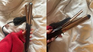 Adjacent images showing a handheld view of the BaByliss Titanium Brilliance Curls (left) and a close up of the barrel (right)