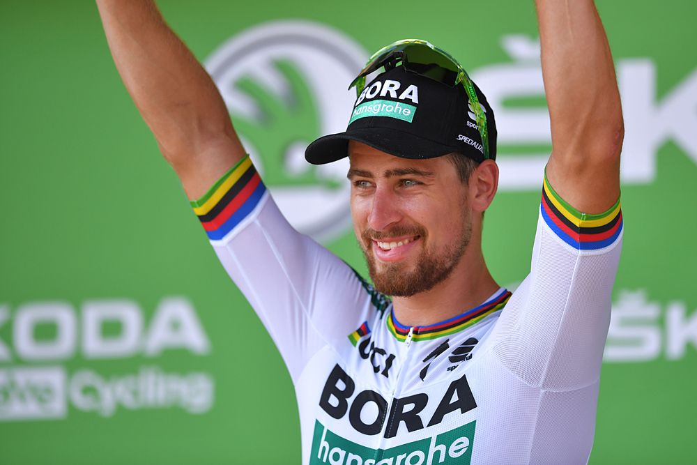 Peter Sagan (Bora-Hansgrohe) celebrates stage 2 victory at the Tour de France