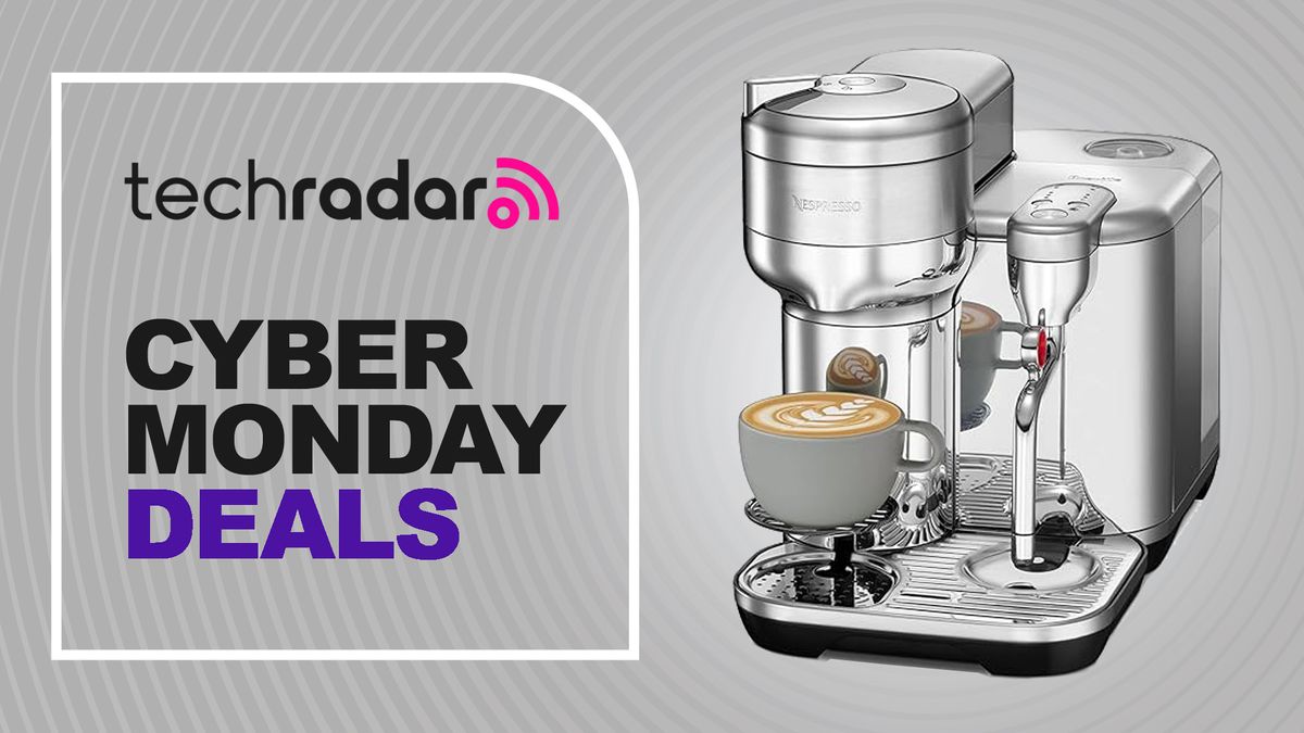 Nespresso machine on gray background with text reading &quot;TechRadar Cyber Monday Deals&quot;