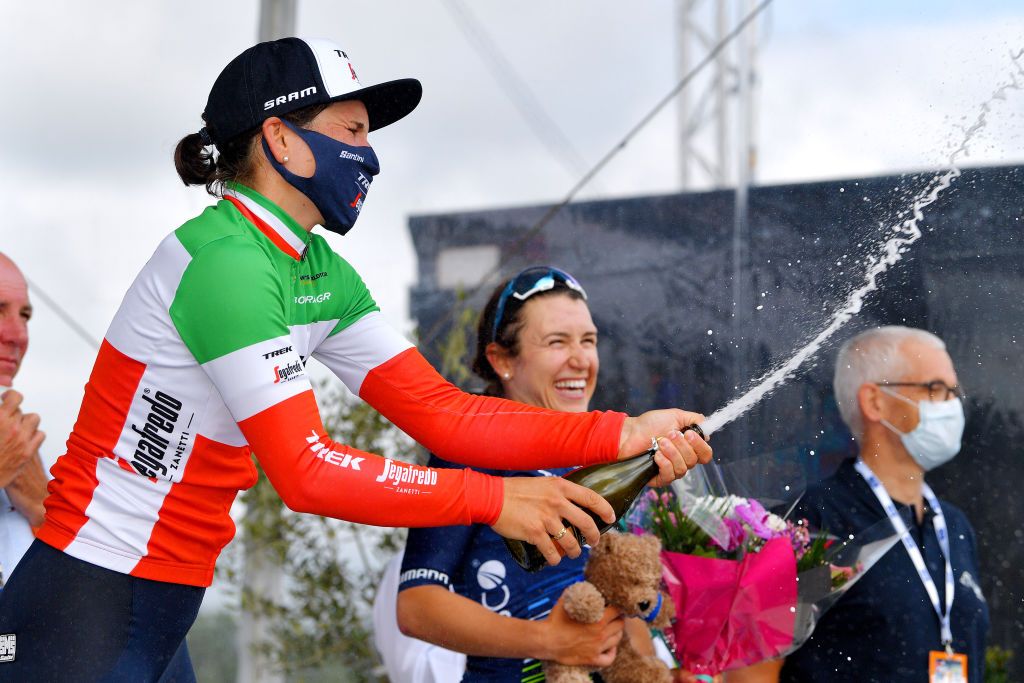 PLOUAY FRANCE AUGUST 30 Elisa Longo Borghini of Italy and Team Trek Segafredo celebrates winning the race on the podium ceremony after the 20th GP de Plouay Lorient Agglomration Trophe Ceratizit 2021 a 1504km one day race from Plouay to Plouay GrandPrixPlouay OuestFrance on August 30 2021 in Plouay France Photo by Luc ClaessenGetty Images