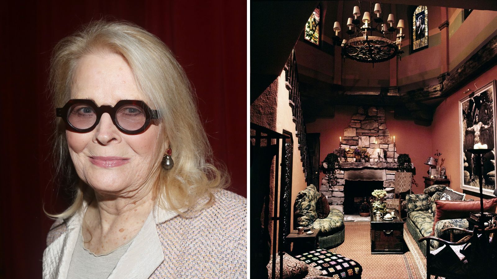 a split screen with candice bergen on the left and her home in 70s on the right