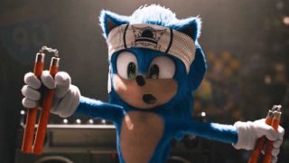 Best video game movies: Sonic holding nun chucks during the film, Sonic the Hedgehog.